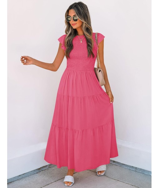 ZESICA Women's 2025 Summer Casual Flutter Short Sleeve Crew Neck Smocked Elastic Waist Tiered Midi Dress