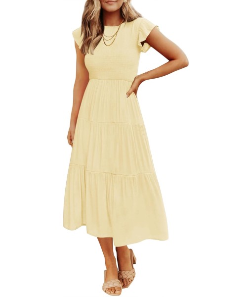 ZESICA Women's 2025 Summer Casual Flutter Short Sleeve Crew Neck Smocked Elastic Waist Tiered Midi Dress