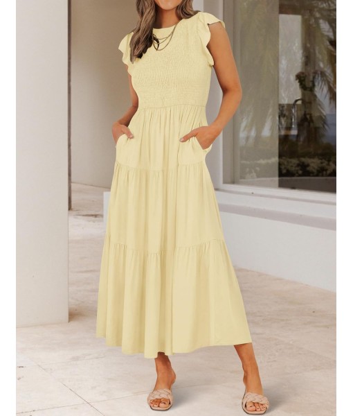 ZESICA Women's 2025 Summer Casual Flutter Short Sleeve Crew Neck Smocked Elastic Waist Tiered Midi Dress
