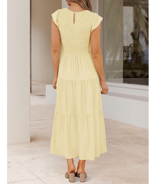 ZESICA Women's 2025 Summer Casual Flutter Short Sleeve Crew Neck Smocked Elastic Waist Tiered Midi Dress