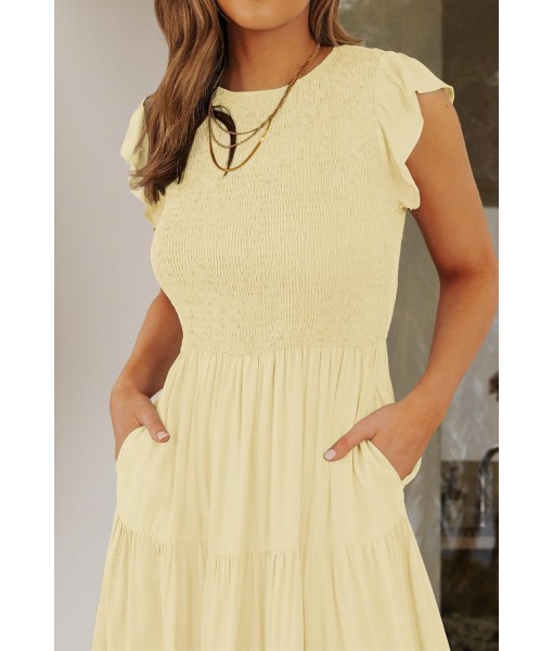 ZESICA Women's 2025 Summer Casual Flutter Short Sleeve Crew Neck Smocked Elastic Waist Tiered Midi Dress