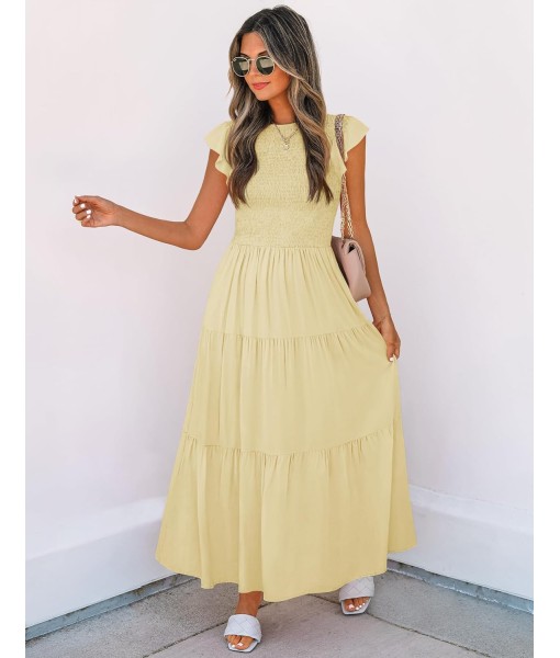 ZESICA Women's 2025 Summer Casual Flutter Short Sleeve Crew Neck Smocked Elastic Waist Tiered Midi Dress