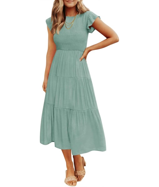 ZESICA Women's 2025 Summer Casual Flutter Short Sleeve Crew Neck Smocked Elastic Waist Tiered Midi Dress
