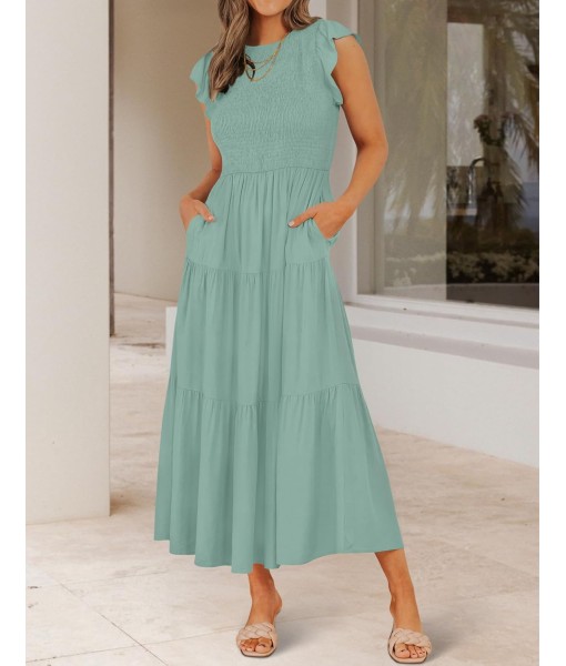 ZESICA Women's 2025 Summer Casual Flutter Short Sleeve Crew Neck Smocked Elastic Waist Tiered Midi Dress