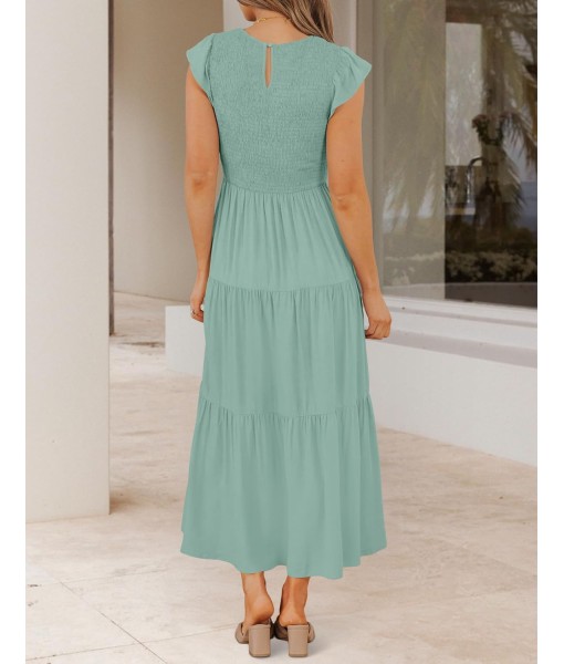 ZESICA Women's 2025 Summer Casual Flutter Short Sleeve Crew Neck Smocked Elastic Waist Tiered Midi Dress