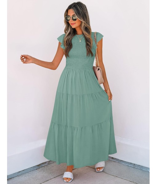ZESICA Women's 2025 Summer Casual Flutter Short Sleeve Crew Neck Smocked Elastic Waist Tiered Midi Dress