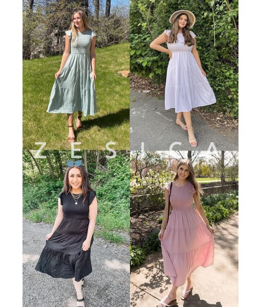 ZESICA Women's 2025 Summer Casual Flutter Short Sleeve Crew Neck Smocked Elastic Waist Tiered Midi Dress