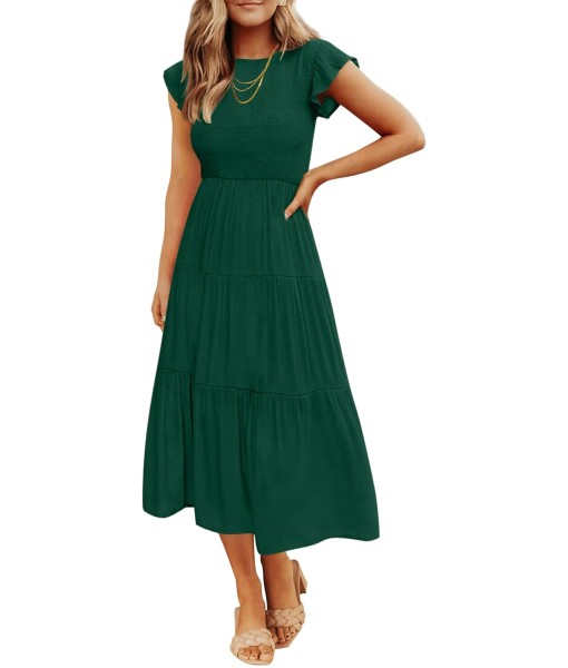 ZESICA Women's 2025 Summer Casual Flutter Short Sleeve Crew Neck Smocked Elastic Waist Tiered Midi Dress