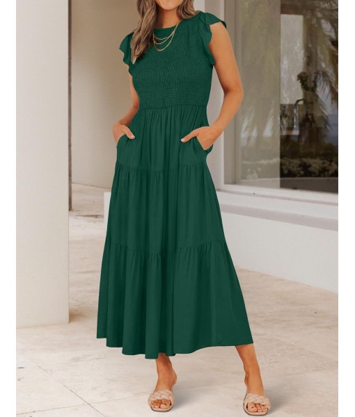 ZESICA Women's 2025 Summer Casual Flutter Short Sleeve Crew Neck Smocked Elastic Waist Tiered Midi Dress