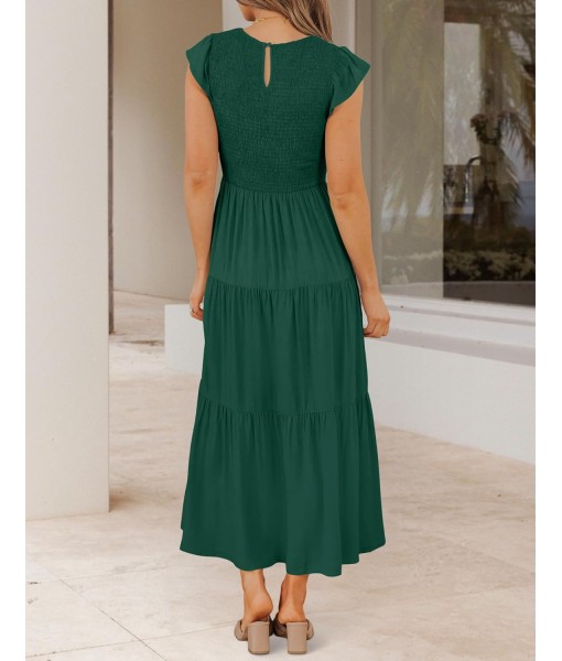 ZESICA Women's 2025 Summer Casual Flutter Short Sleeve Crew Neck Smocked Elastic Waist Tiered Midi Dress