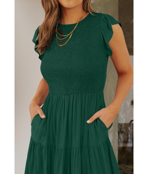 ZESICA Women's 2025 Summer Casual Flutter Short Sleeve Crew Neck Smocked Elastic Waist Tiered Midi Dress