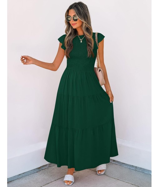 ZESICA Women's 2025 Summer Casual Flutter Short Sleeve Crew Neck Smocked Elastic Waist Tiered Midi Dress
