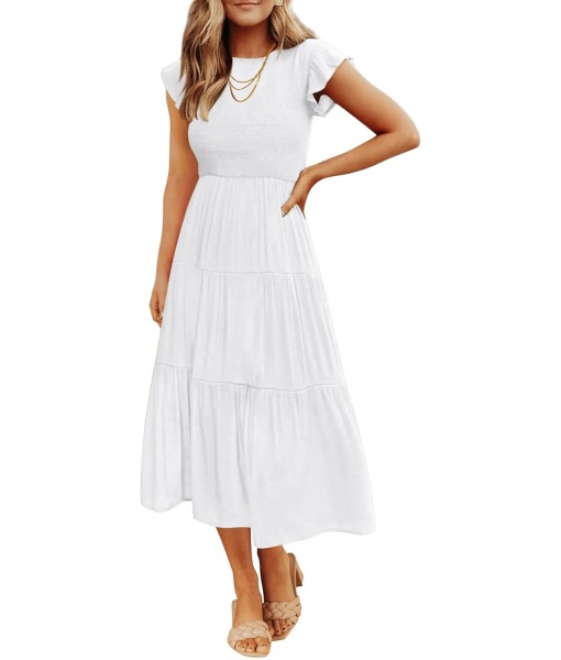 ZESICA Women's 2025 Summer Casual Flutter Short Sleeve Crew Neck Smocked Elastic Waist Tiered Midi Dress