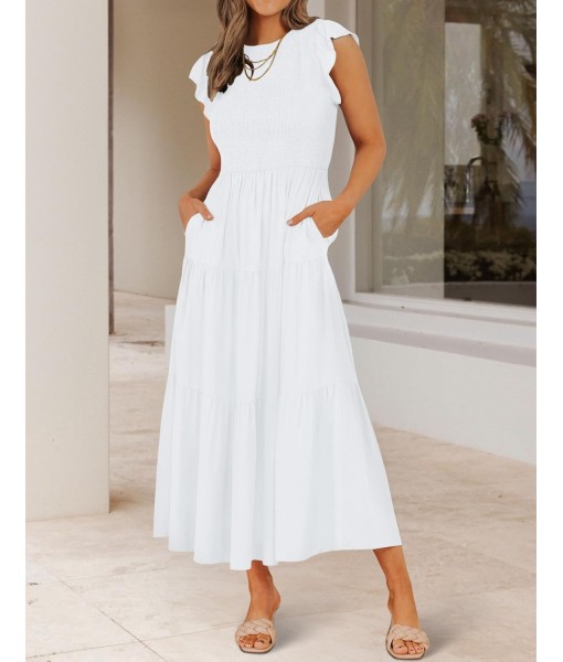 ZESICA Women's 2025 Summer Casual Flutter Short Sleeve Crew Neck Smocked Elastic Waist Tiered Midi Dress