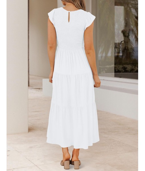 ZESICA Women's 2025 Summer Casual Flutter Short Sleeve Crew Neck Smocked Elastic Waist Tiered Midi Dress