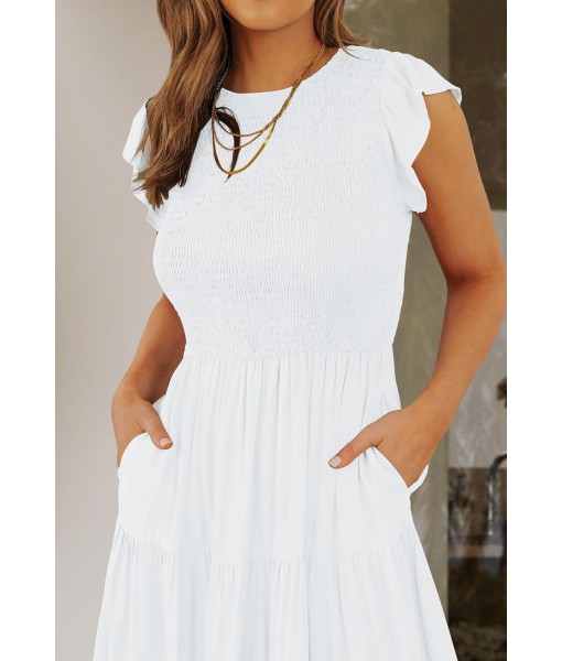 ZESICA Women's 2025 Summer Casual Flutter Short Sleeve Crew Neck Smocked Elastic Waist Tiered Midi Dress