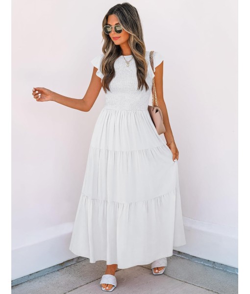 ZESICA Women's 2025 Summer Casual Flutter Short Sleeve Crew Neck Smocked Elastic Waist Tiered Midi Dress
