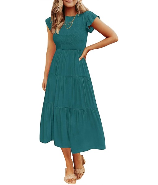 ZESICA Women's 2025 Summer Casual Flutter Short Sleeve Crew Neck Smocked Elastic Waist Tiered Midi Dress