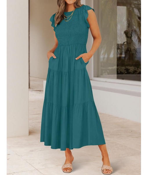 ZESICA Women's 2025 Summer Casual Flutter Short Sleeve Crew Neck Smocked Elastic Waist Tiered Midi Dress