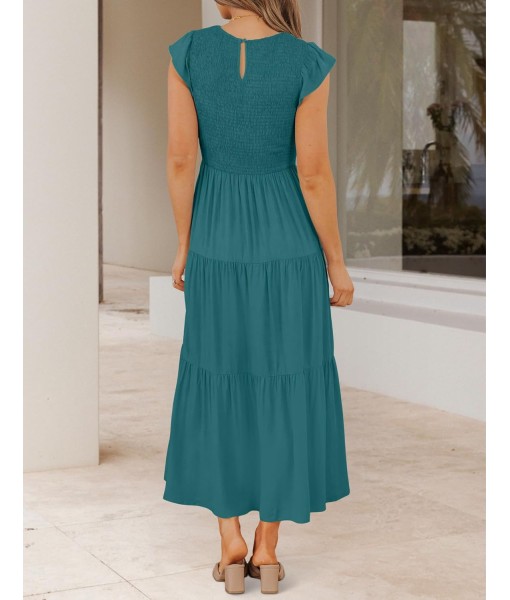 ZESICA Women's 2025 Summer Casual Flutter Short Sleeve Crew Neck Smocked Elastic Waist Tiered Midi Dress