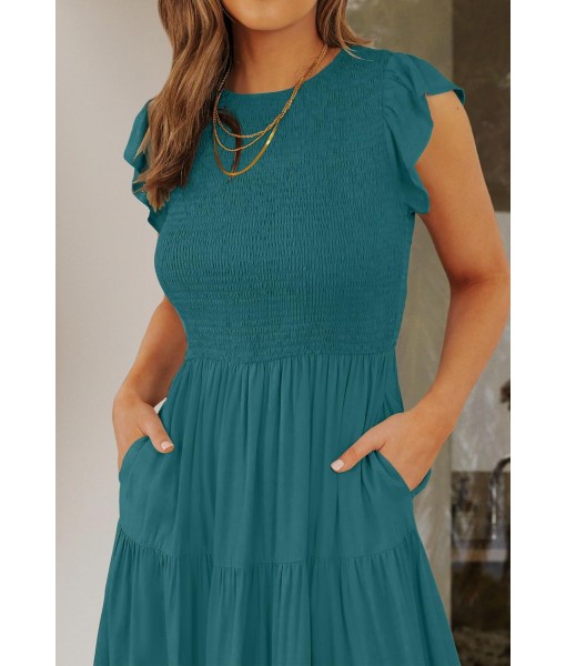 ZESICA Women's 2025 Summer Casual Flutter Short Sleeve Crew Neck Smocked Elastic Waist Tiered Midi Dress