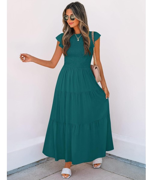 ZESICA Women's 2025 Summer Casual Flutter Short Sleeve Crew Neck Smocked Elastic Waist Tiered Midi Dress
