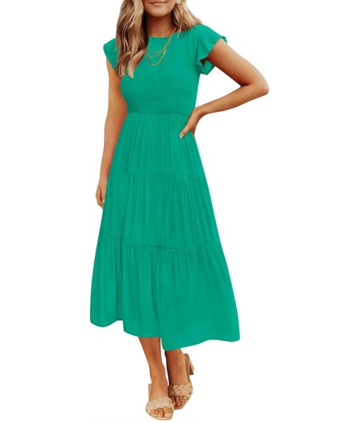 ZESICA Women's 2025 Summer Casual Flutter Short Sleeve Crew Neck Smocked Elastic Waist Tiered Midi Dress