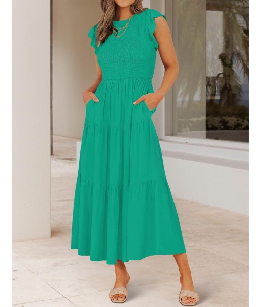 ZESICA Women's 2025 Summer Casual Flutter Short Sleeve Crew Neck Smocked Elastic Waist Tiered Midi Dress