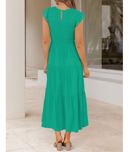 ZESICA Women's 2025 Summer Casual Flutter Short Sleeve Crew Neck Smocked Elastic Waist Tiered Midi Dress