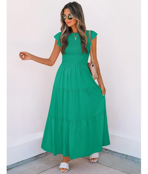 ZESICA Women's 2025 Summer Casual Flutter Short Sleeve Crew Neck Smocked Elastic Waist Tiered Midi Dress