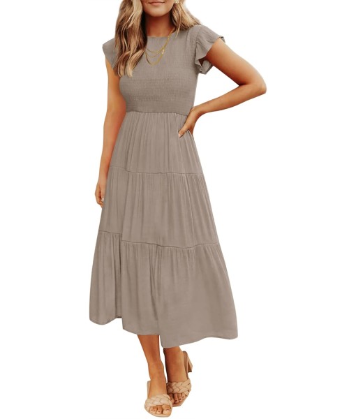 ZESICA Women's 2025 Summer Casual Flutter Short Sleeve Crew Neck Smocked Elastic Waist Tiered Midi Dress