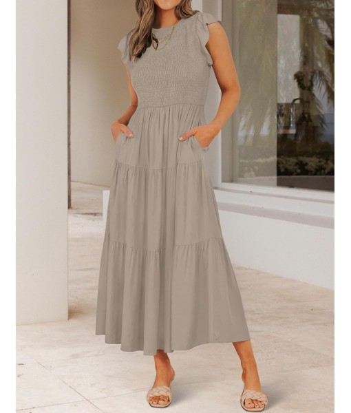 ZESICA Women's 2025 Summer Casual Flutter Short Sleeve Crew Neck Smocked Elastic Waist Tiered Midi Dress