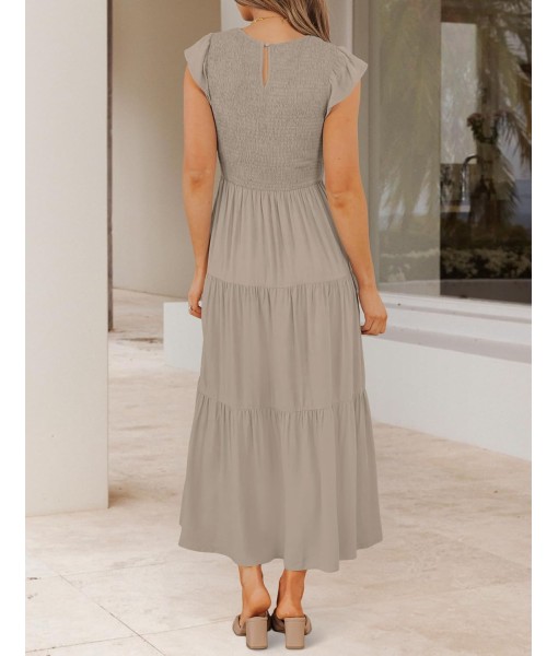 ZESICA Women's 2025 Summer Casual Flutter Short Sleeve Crew Neck Smocked Elastic Waist Tiered Midi Dress