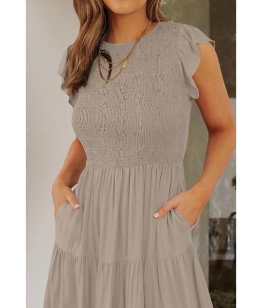 ZESICA Women's 2025 Summer Casual Flutter Short Sleeve Crew Neck Smocked Elastic Waist Tiered Midi Dress