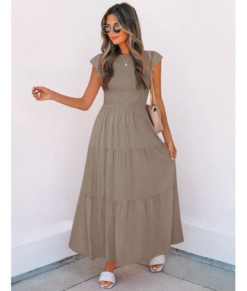 ZESICA Women's 2025 Summer Casual Flutter Short Sleeve Crew Neck Smocked Elastic Waist Tiered Midi Dress