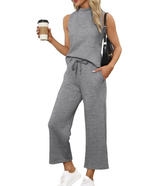SAMPEEL Two Piece Sets for Women Summer Outfits Lounge Sets Mock Neck Tops Wide Leg Crop Pants Vacation Travel Outfits