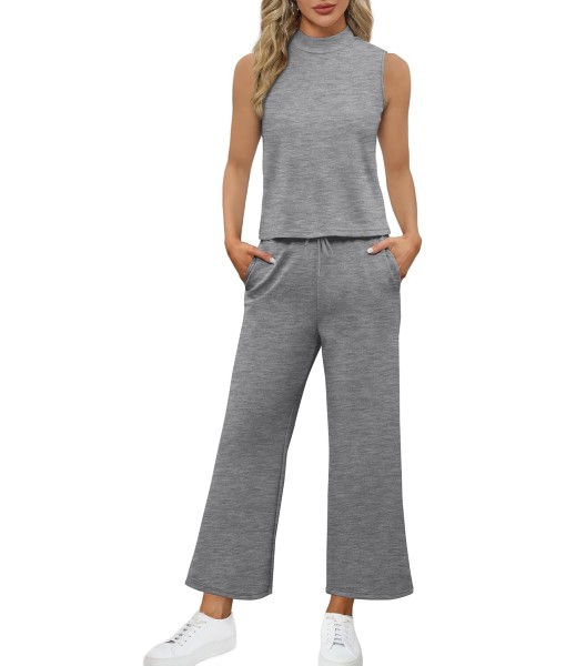 SAMPEEL Two Piece Sets for Women Summer Outfits Lounge Sets Mock Neck Tops Wide Leg Crop Pants Vacation Travel Outfits