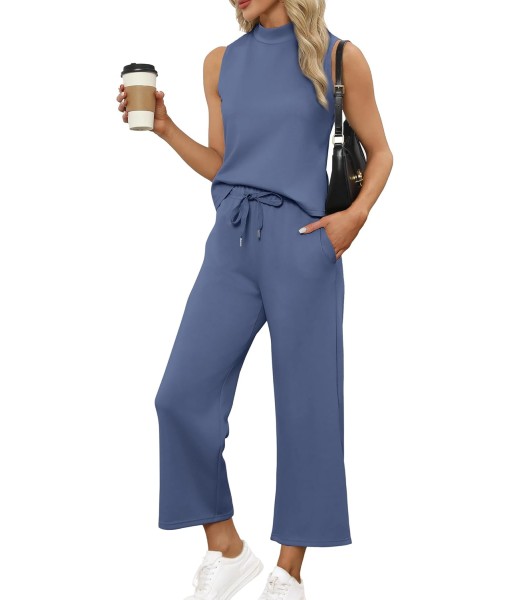 SAMPEEL Two Piece Sets for Women Summer Outfits Lounge Sets Mock Neck Tops Wide Leg Crop Pants Vacation Travel Outfits