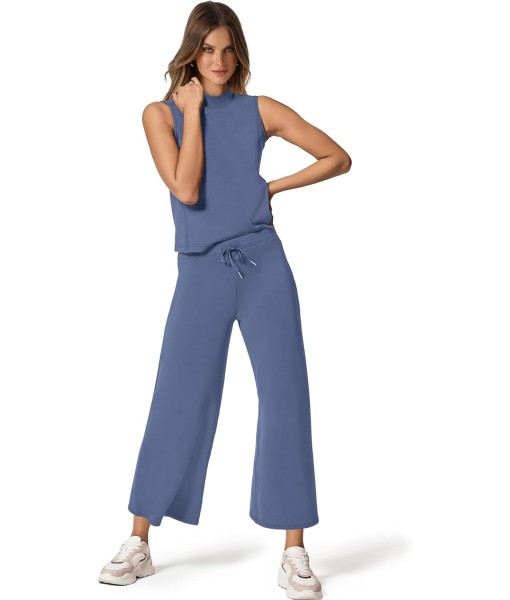 SAMPEEL Two Piece Sets for Women Summer Outfits Lounge Sets Mock Neck Tops Wide Leg Crop Pants Vacation Travel Outfits