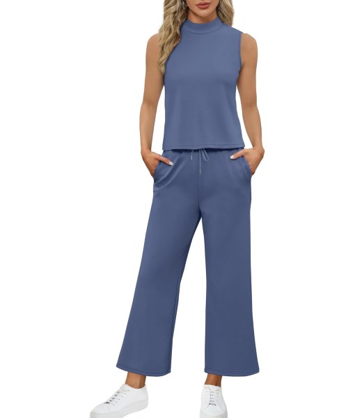 SAMPEEL Two Piece Sets for Women Summer Outfits Lounge Sets Mock Neck Tops Wide Leg Crop Pants Vacation Travel Outfits