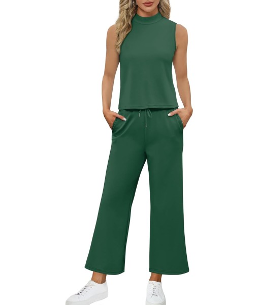SAMPEEL Two Piece Sets for Women Summer Outfits Lounge Sets Mock Neck Tops Wide Leg Crop Pants Vacation Travel Outfits