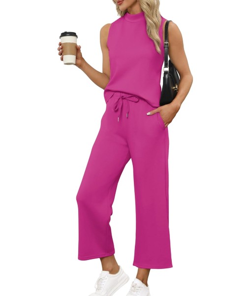 SAMPEEL Two Piece Sets for Women Summer Outfits Lounge Sets Mock Neck Tops Wide Leg Crop Pants Vacation Travel Outfits