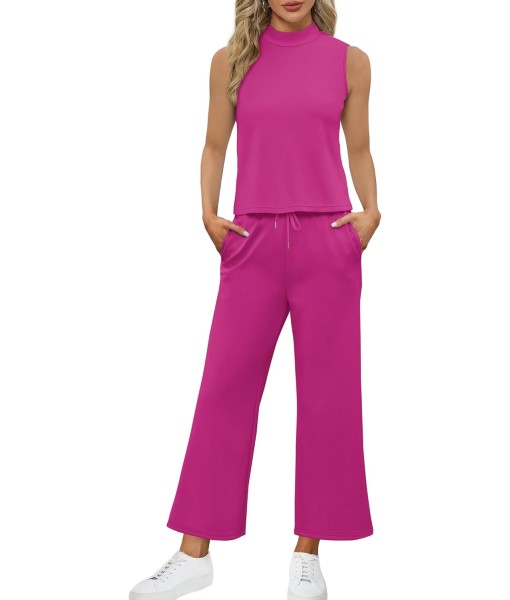 SAMPEEL Two Piece Sets for Women Summer Outfits Lounge Sets Mock Neck Tops Wide Leg Crop Pants Vacation Travel Outfits