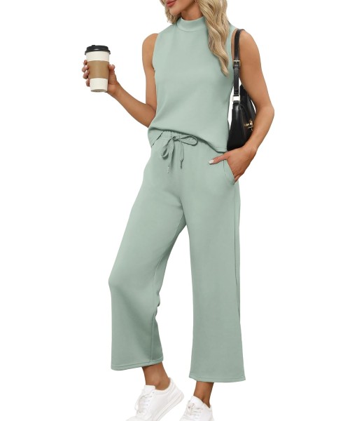 SAMPEEL Two Piece Sets for Women Summer Outfits Lounge Sets Mock Neck Tops Wide Leg Crop Pants Vacation Travel Outfits
