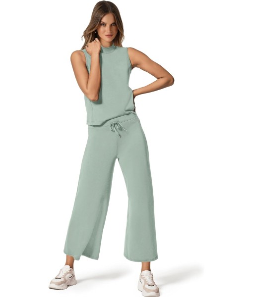 SAMPEEL Two Piece Sets for Women Summer Outfits Lounge Sets Mock Neck Tops Wide Leg Crop Pants Vacation Travel Outfits