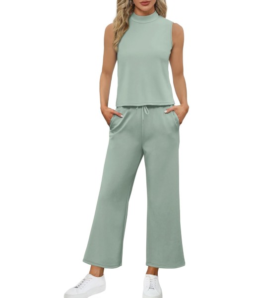 SAMPEEL Two Piece Sets for Women Summer Outfits Lounge Sets Mock Neck Tops Wide Leg Crop Pants Vacation Travel Outfits
