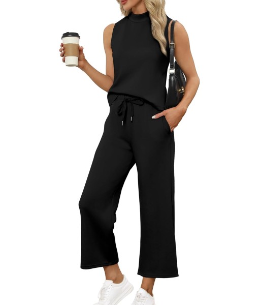SAMPEEL Two Piece Sets for Women Summer Outfits Lounge Sets Mock Neck Tops Wide Leg Crop Pants Vacation Travel Outfits
