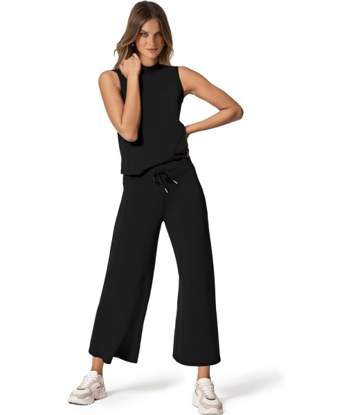 SAMPEEL Two Piece Sets for Women Summer Outfits Lounge Sets Mock Neck Tops Wide Leg Crop Pants Vacation Travel Outfits