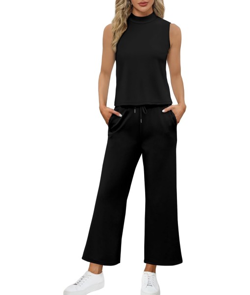 SAMPEEL Two Piece Sets for Women Summer Outfits Lounge Sets Mock Neck Tops Wide Leg Crop Pants Vacation Travel Outfits