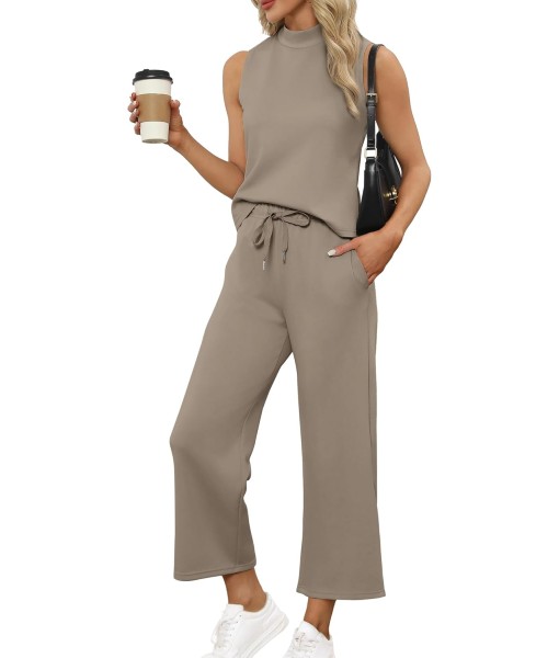 SAMPEEL Two Piece Sets for Women Summer Outfits Lounge Sets Mock Neck Tops Wide Leg Crop Pants Vacation Travel Outfits